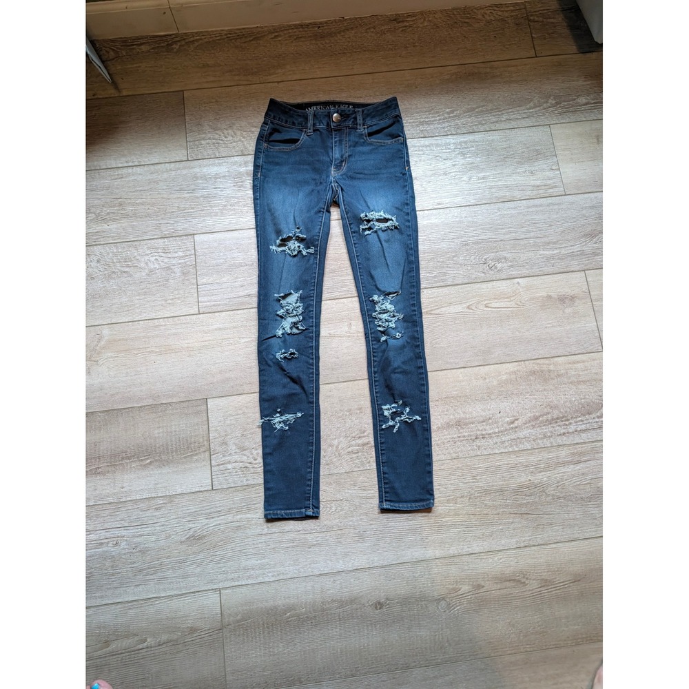 American Eagle Super Super Stretch Distressed Jeggings Dark Wash Size 0 Regular
